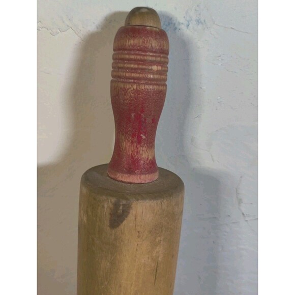 Vintage Wood Rolling Pin Red Handles 17" Farmhouse Primitive Kitchen Rustic - Picture 6 of 7